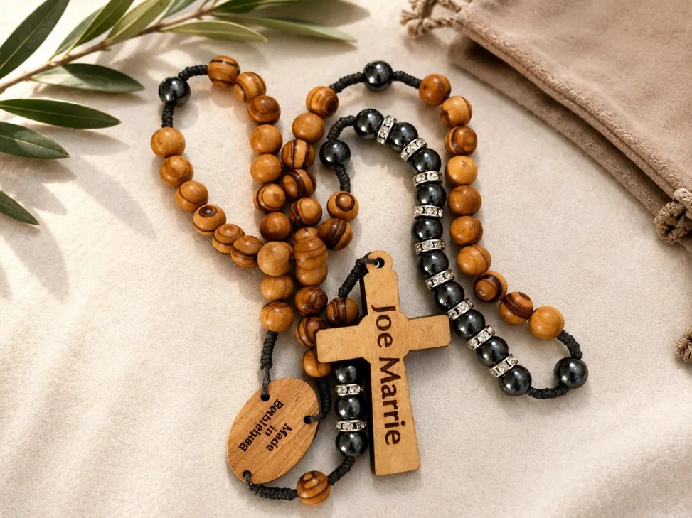 Olive wood rosary cross engraved with a personalized name