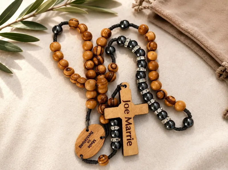 Olive wood rosary cross engraved with a personalized name